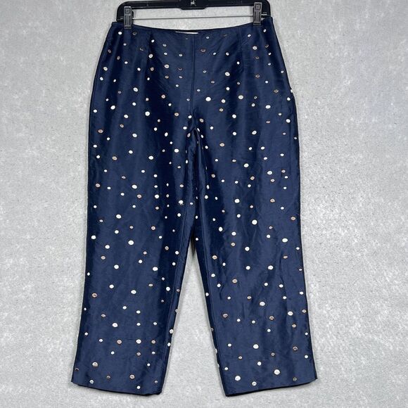 Talbots Pant Womens Size 8 Navy Tan Silver Polka Dot Ankle Straight Ankle Silk - Picture 1 of 12